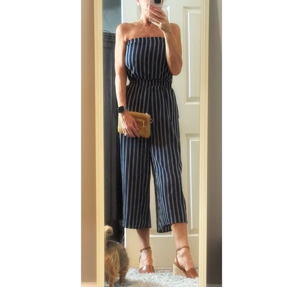 Lulus Jumpsuit Blue White Stripe Strapless Cropped Leg Open Back Elastic Waist - Picture 16 of 16